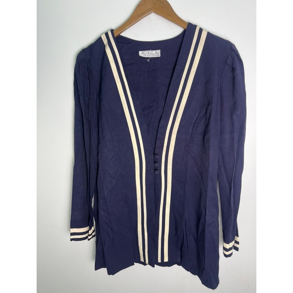 VTG Wm L Meryl Fashions Ltd Navy Blue Nautical Stripe Blazer Top Preppy Coastal